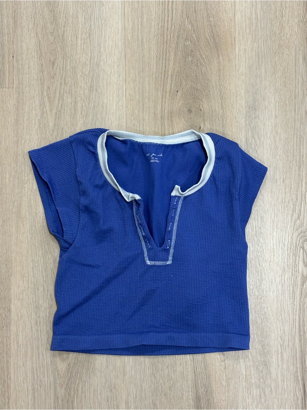 Urban Outfitters Blue Short-Sleeve Ribbed Henley Top with Light Trim